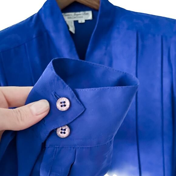 Laura & Jayne vintage 90s floral imprint secretary blouse royal blue size 8P MP - Picture 3 of 6